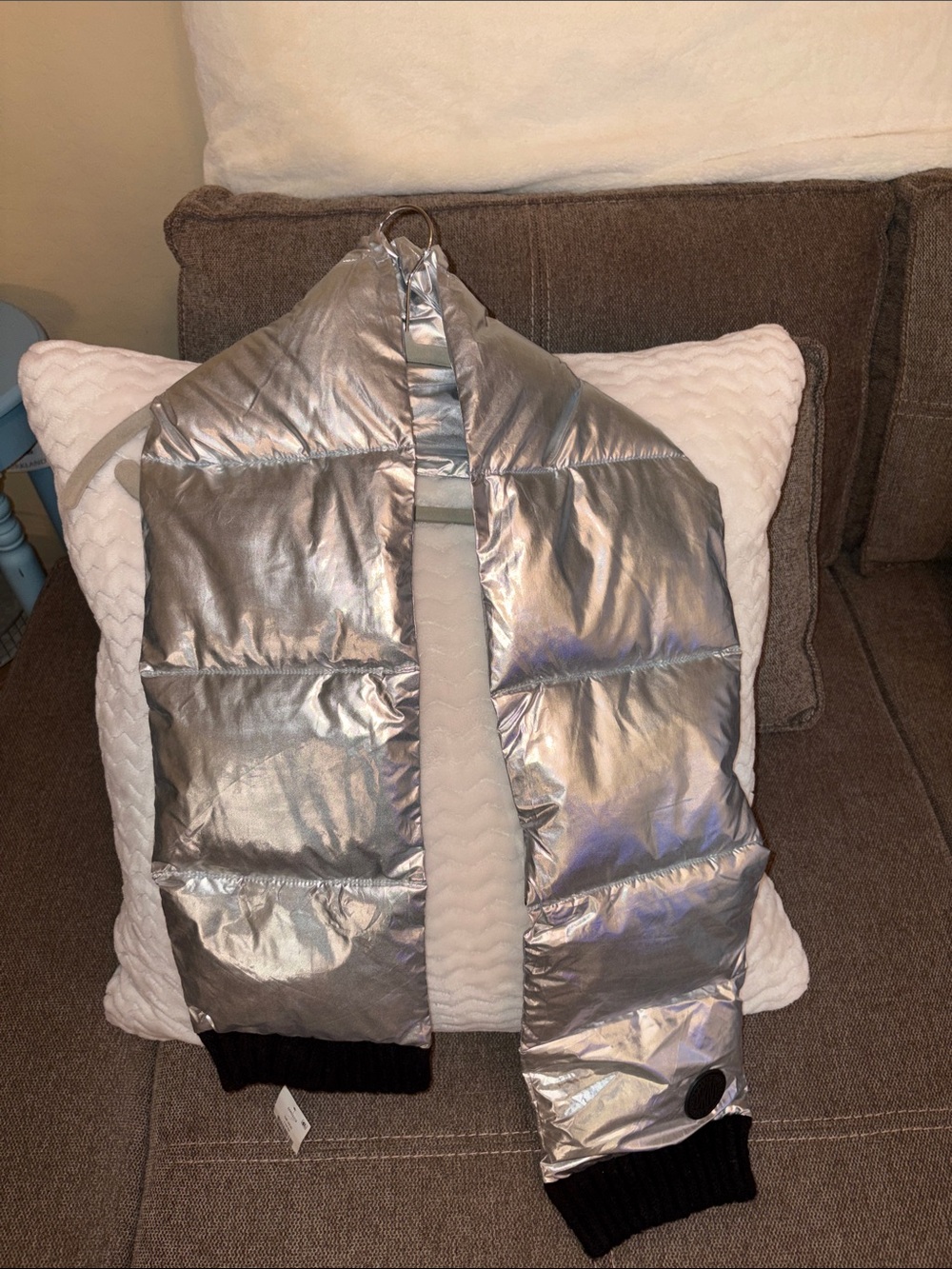DKNY Metallic Silver Quilted Puffer Scarf